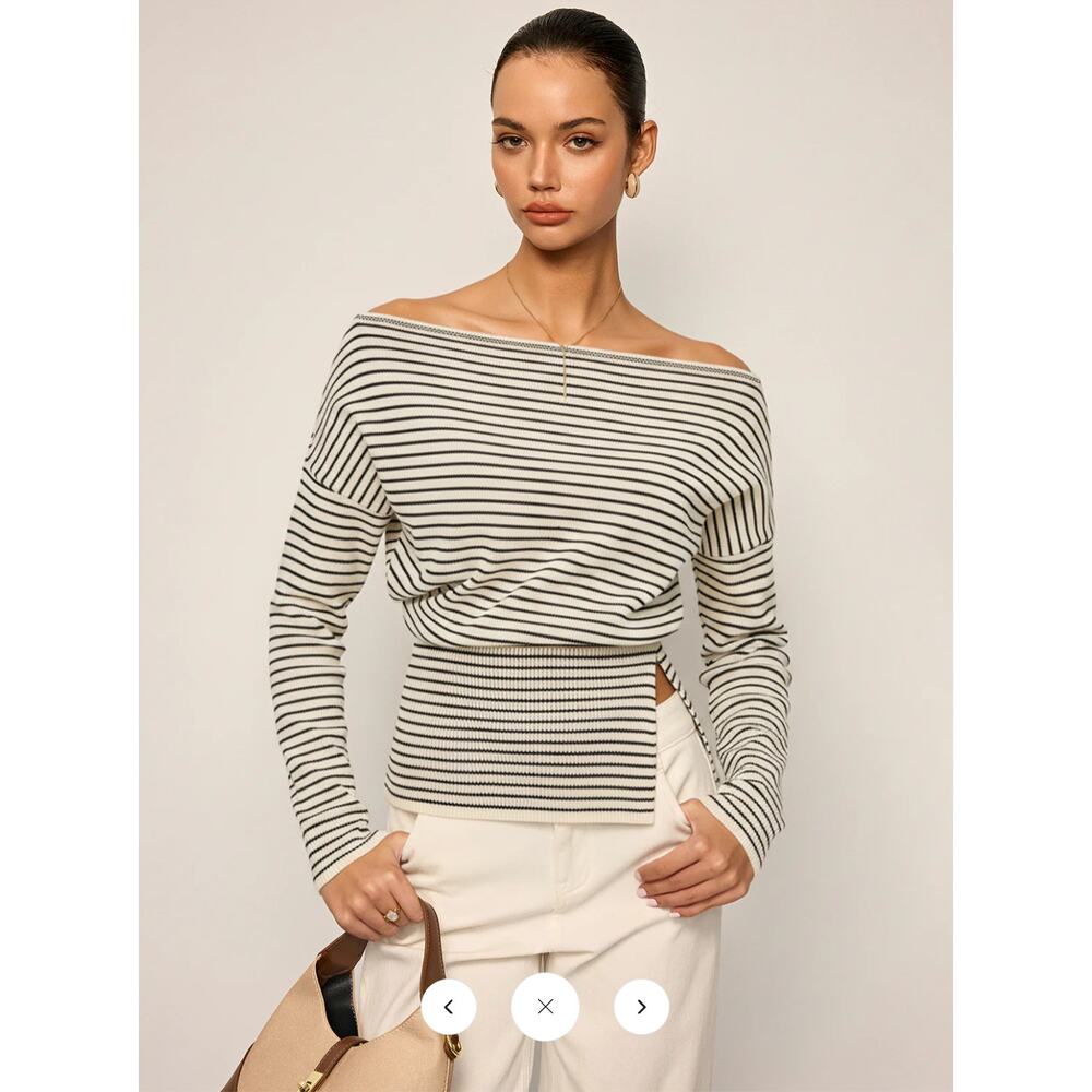 Commense Black & White Off-Shoulder Striped Scoopneck Top